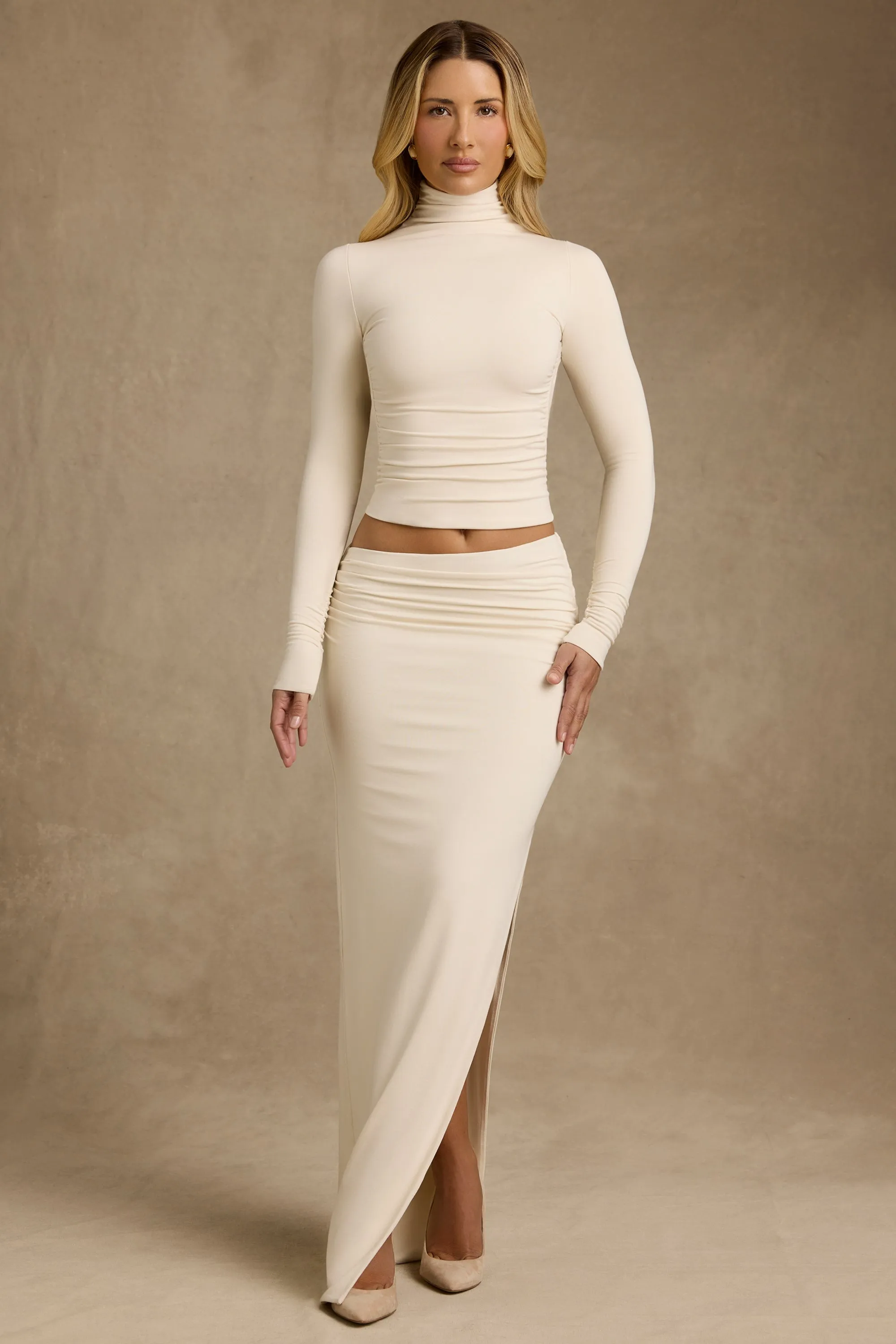 Modal Asymmetric-Waist Maxi Skirt in Ivory Style Layering Cozy Movement