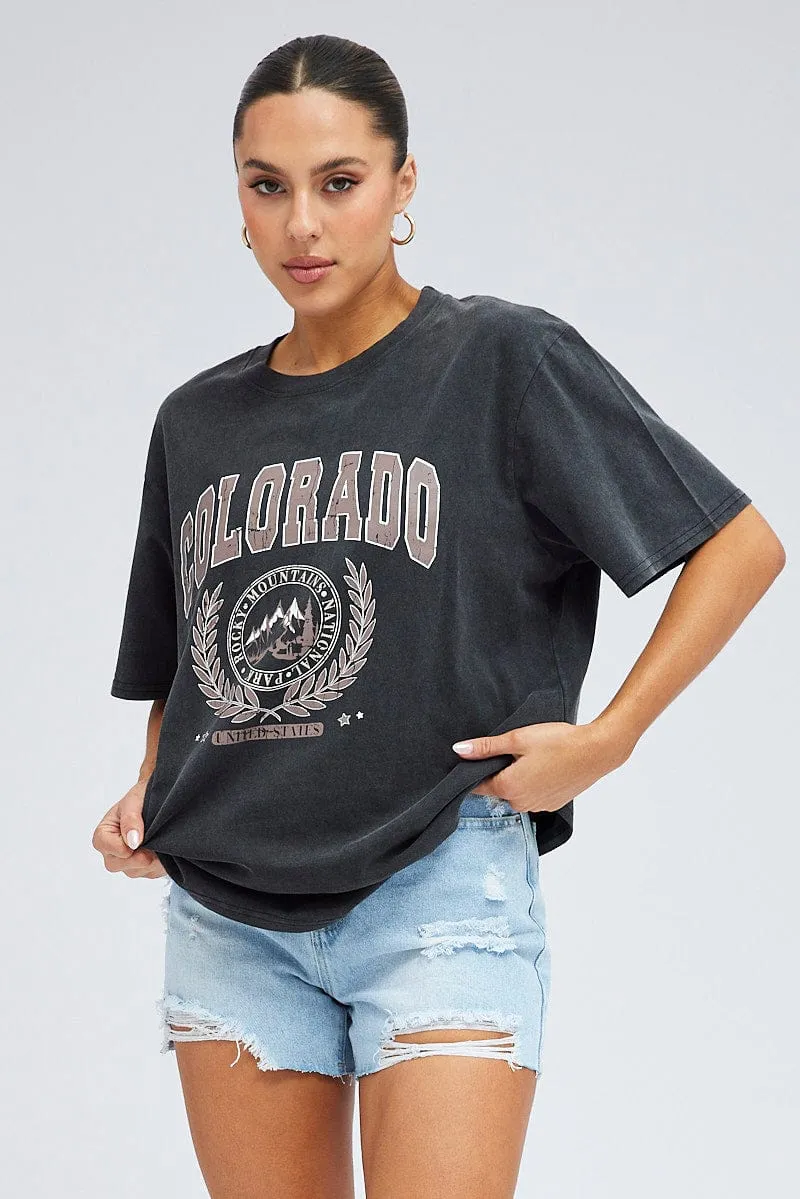 Grey Graphic Tee Short Sleeve Round Neck Everyday Layer