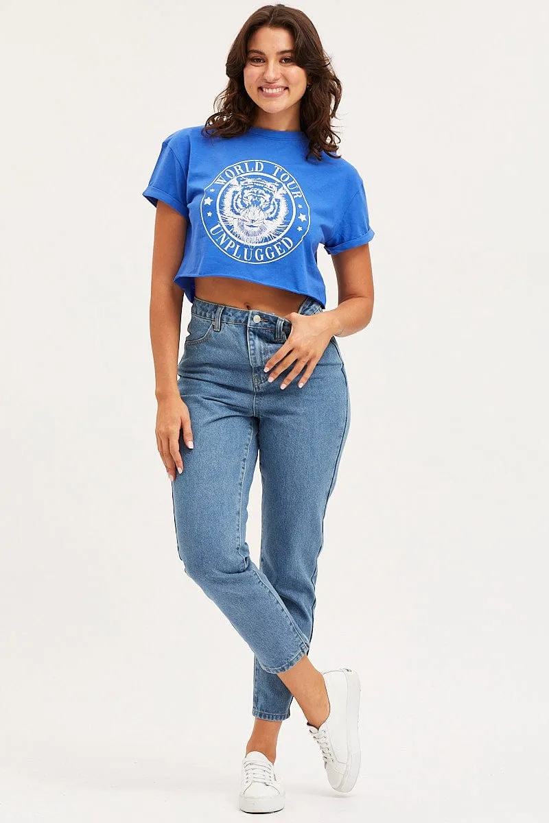 sale season Blue Graphic T-Shirt Short Sleeve Crop