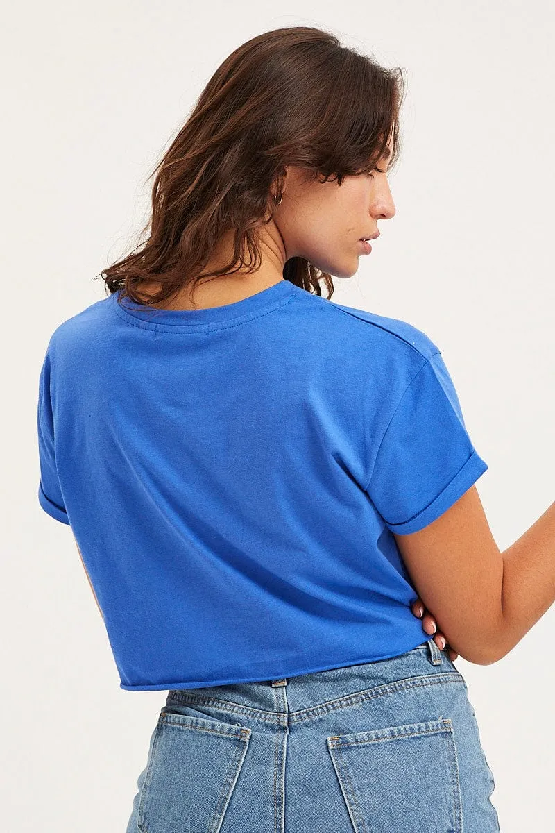 Blue Graphic T-Shirt Short Sleeve Crop Soft Touch Versatile Wear