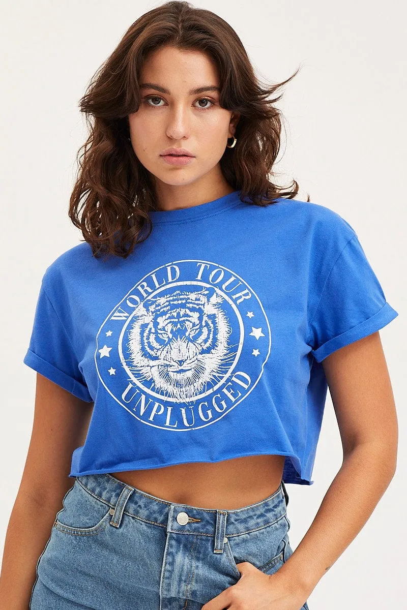Comfy Top Colorfast Dye Blue Graphic T-Shirt Short Sleeve Crop
