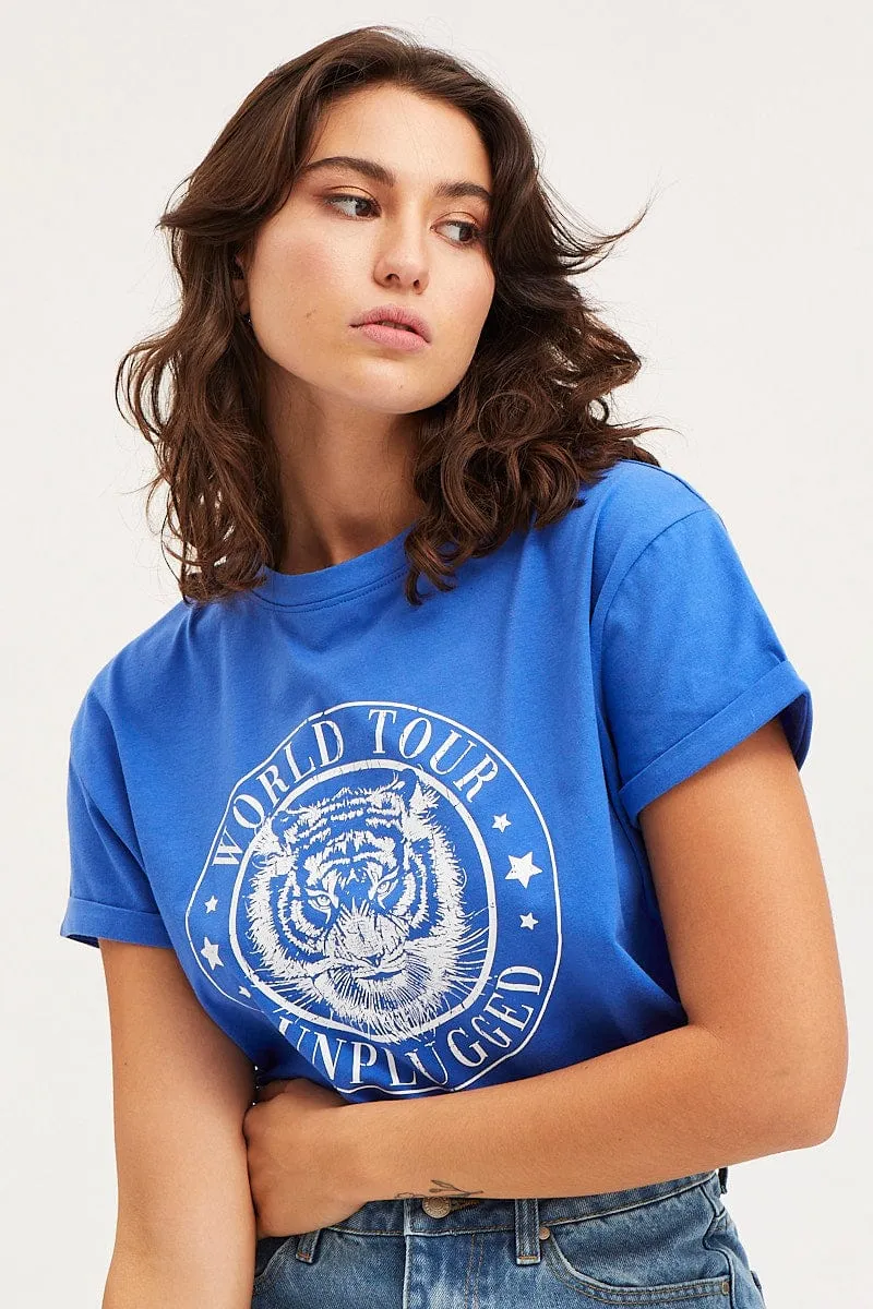 Blue Graphic T-Shirt Short Sleeve Crop Timeless Design Light Comfort Style