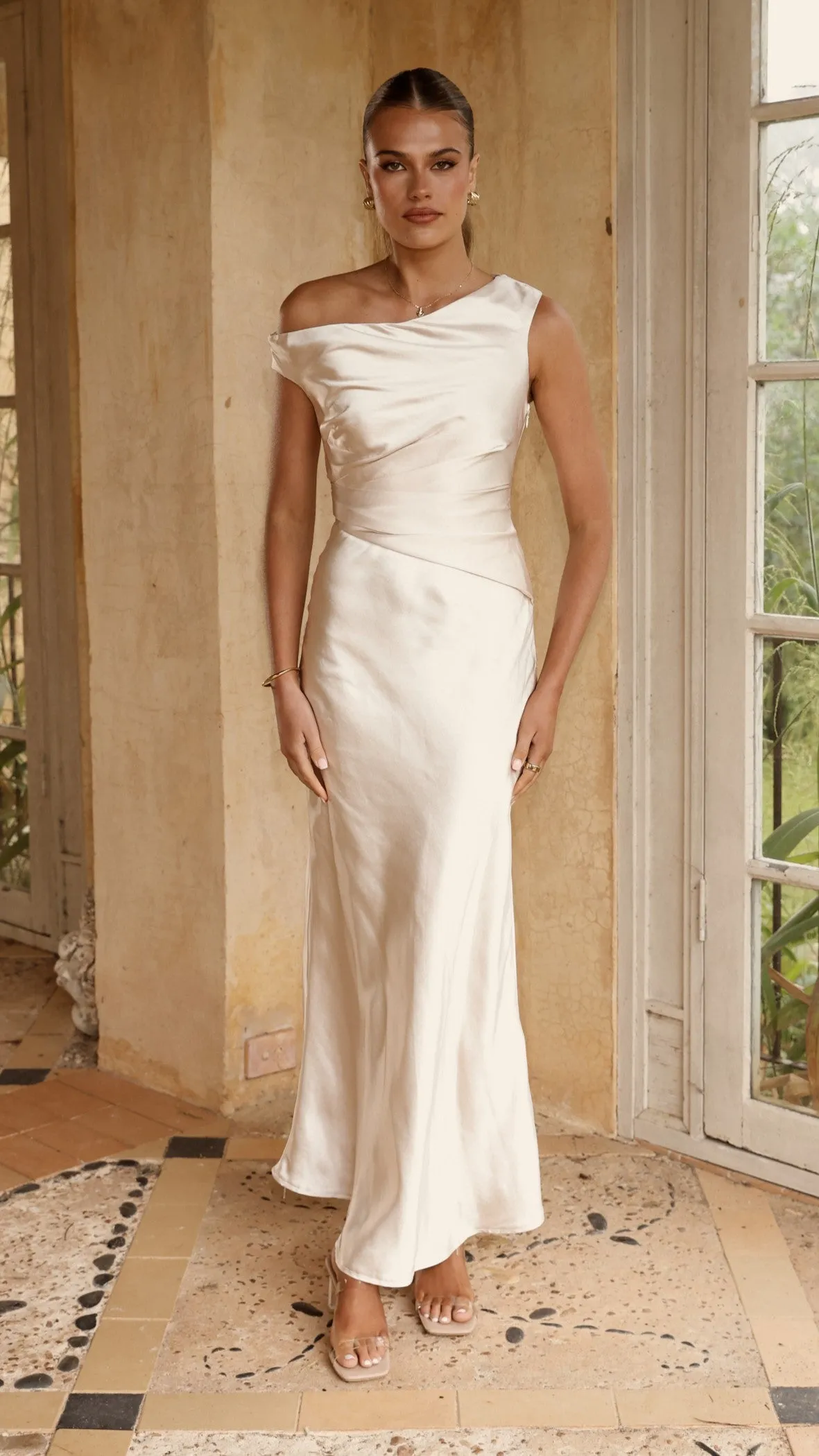 Auria Off Shoulder Maxi Dress - Champagne Grace Flow