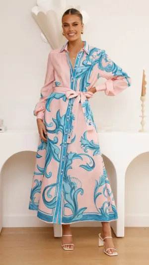 The dress??s versatile design allows you to wear it for work, weekend outings, or evening events Versatile occasion dress Lucia Long Sleeve Maxi Dress - Aqua/Pink Print