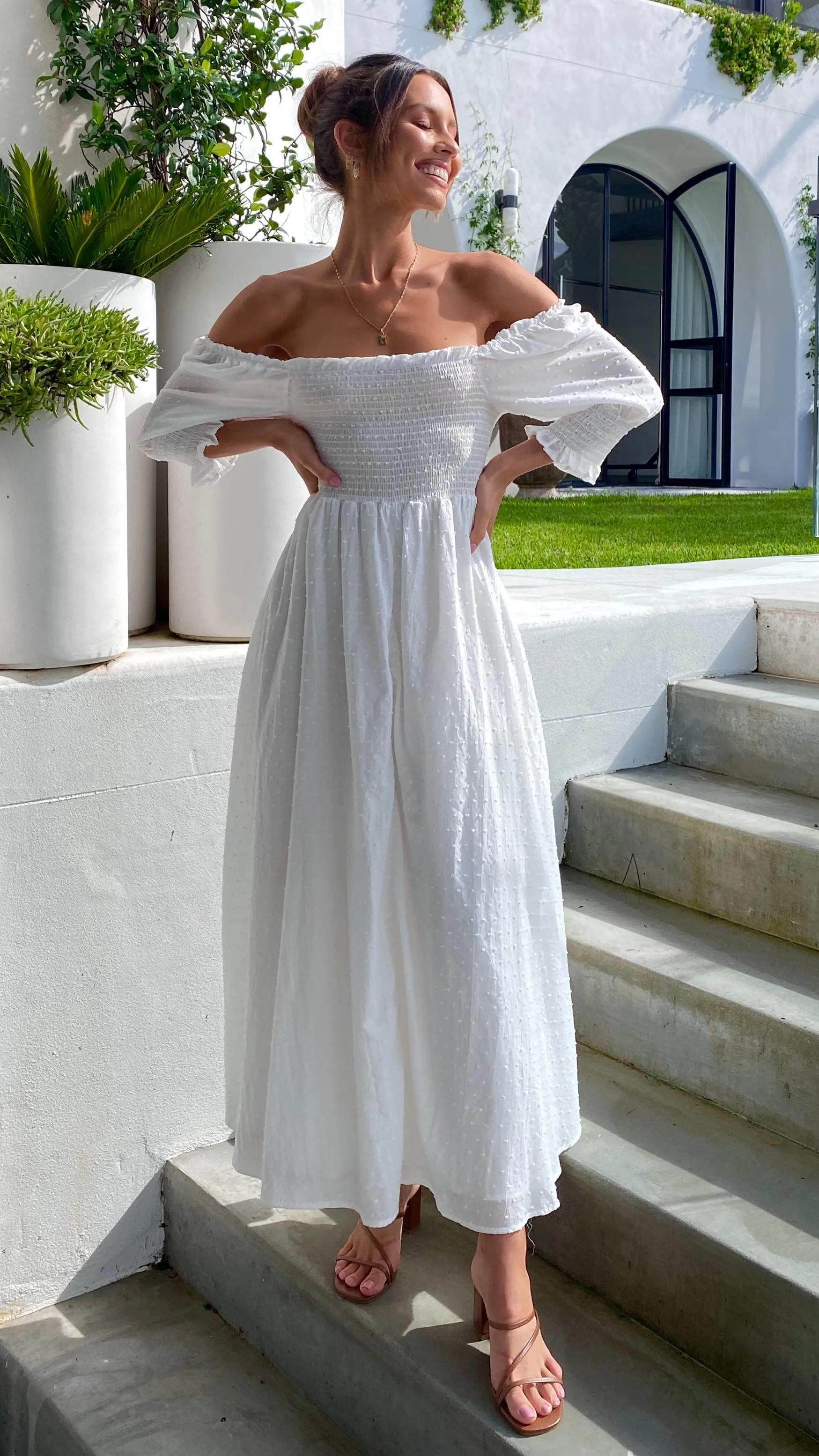 Cierra Midi Dress - White Autumn Stroll Polished Style