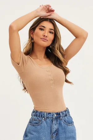 Beige Press Stud T Shirt Ribbed Smart Fit
