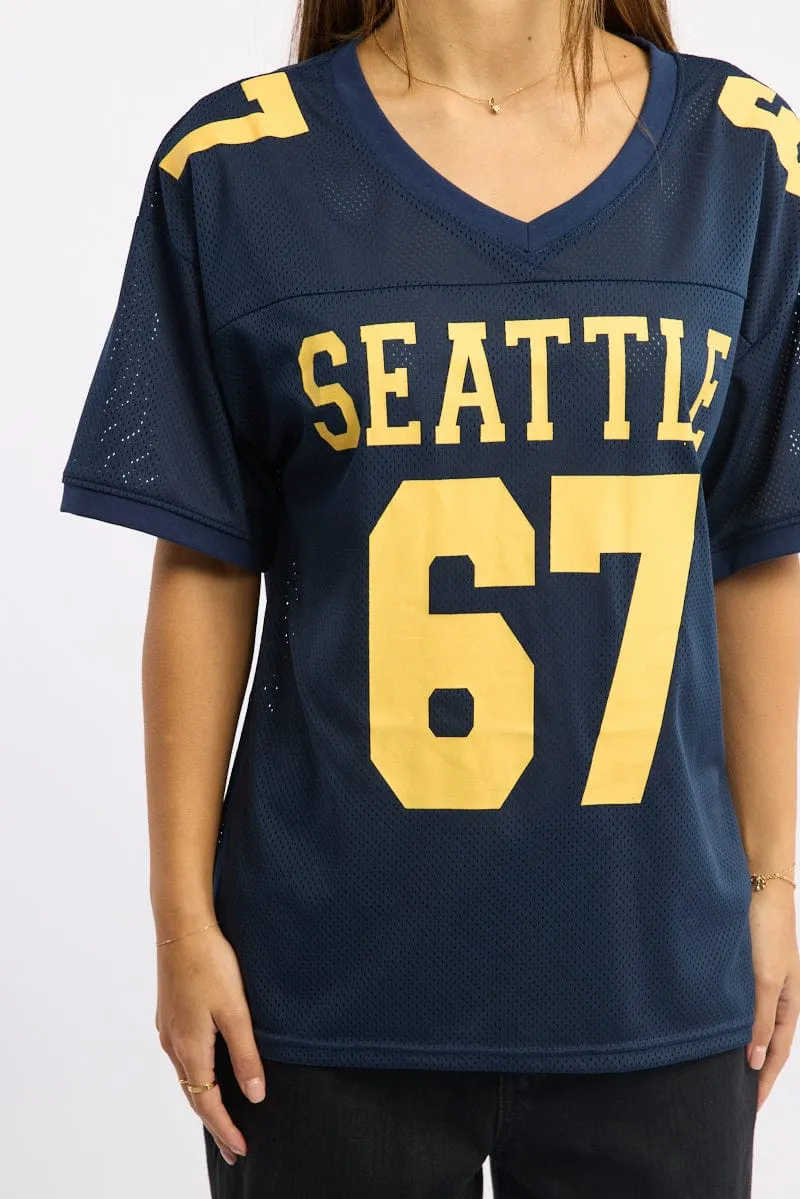 Round neck simplicity Blue Sport Tee V-neck