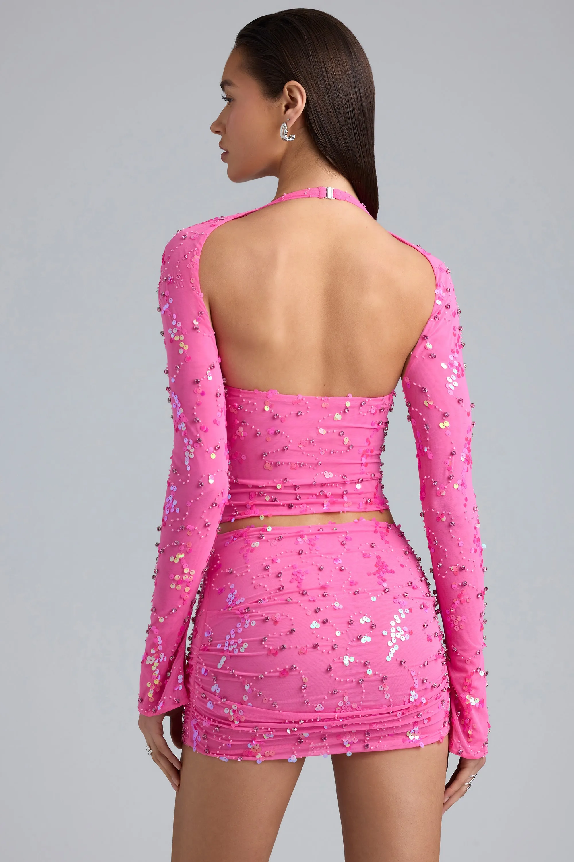 Elegant Texture Ruched Mid-Rise Micro Mini Skirt in Bubblegum Pink