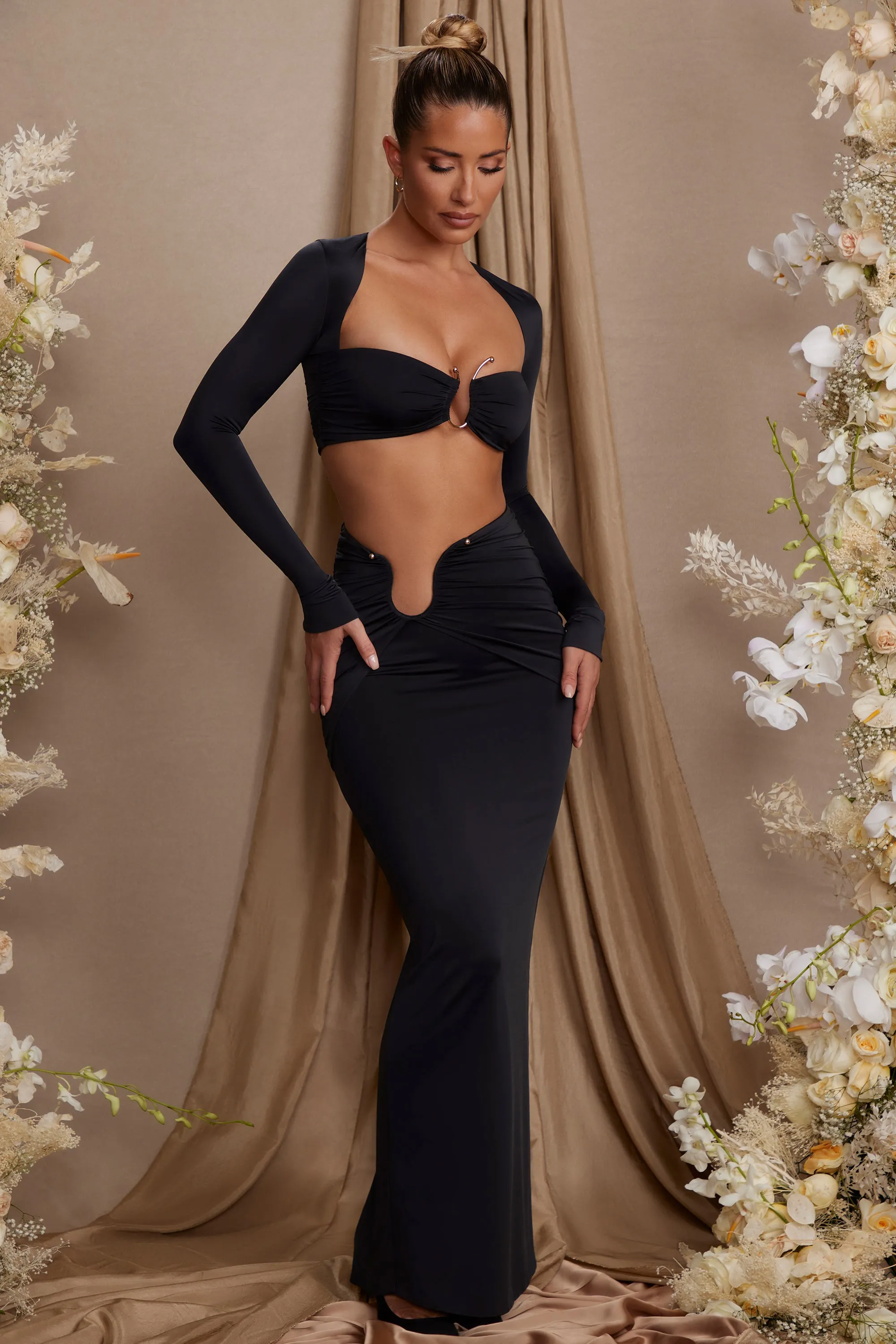 Asymmetric Draped Maxi Skirt in Black Drawstring closure Sustainable