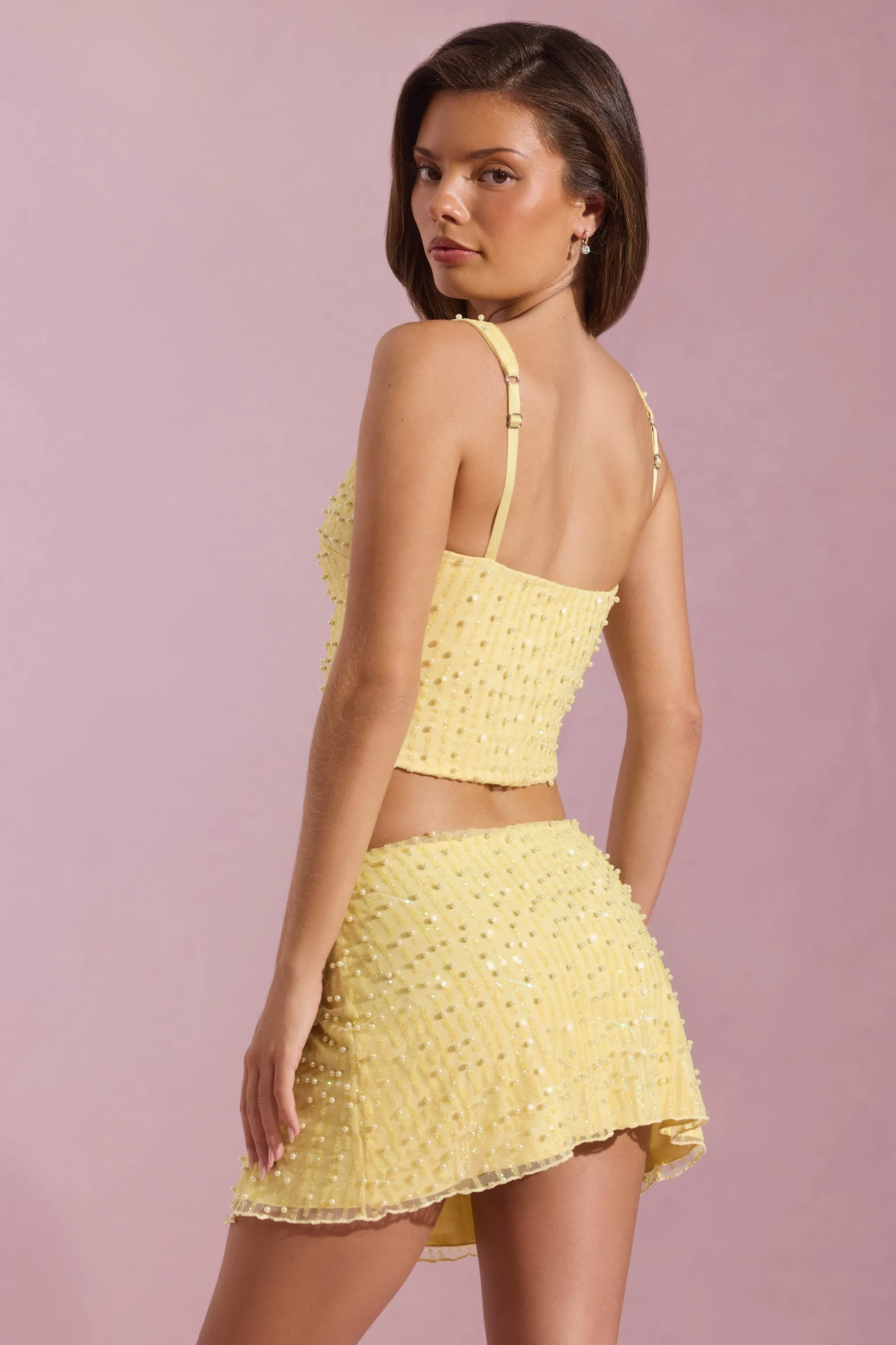 perforated design Embellished Low-Rise Mini Skirt in Yellow