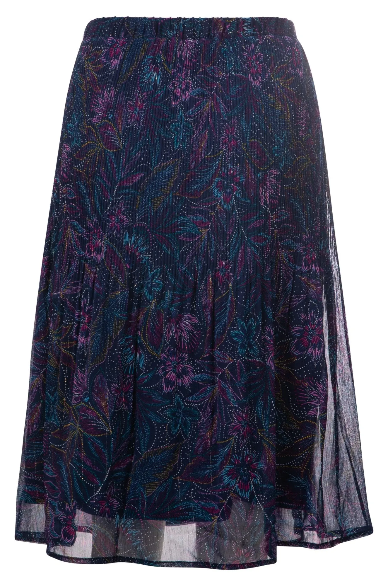 Linen Cotton Mix Mini pleat printed Chiffon Skirt | Navy Purple Sketch | 8574A1