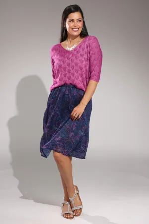 Mini pleat printed Chiffon Skirt | Navy Purple Sketch | 8574A1 Versatile Fit Mid Length