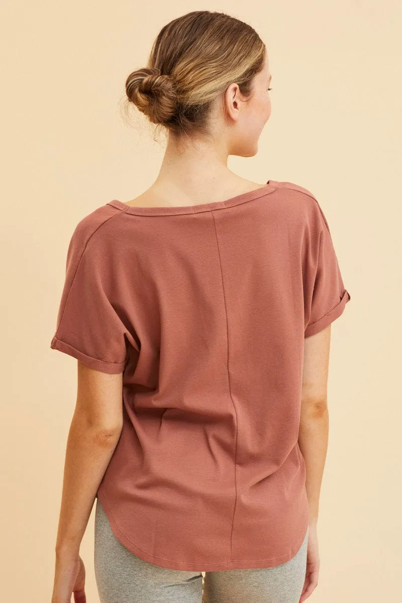 Brown Pocket Tee Scoop Neck Cotton Stretch Short Sleeve Relaxation Wear Tight Net