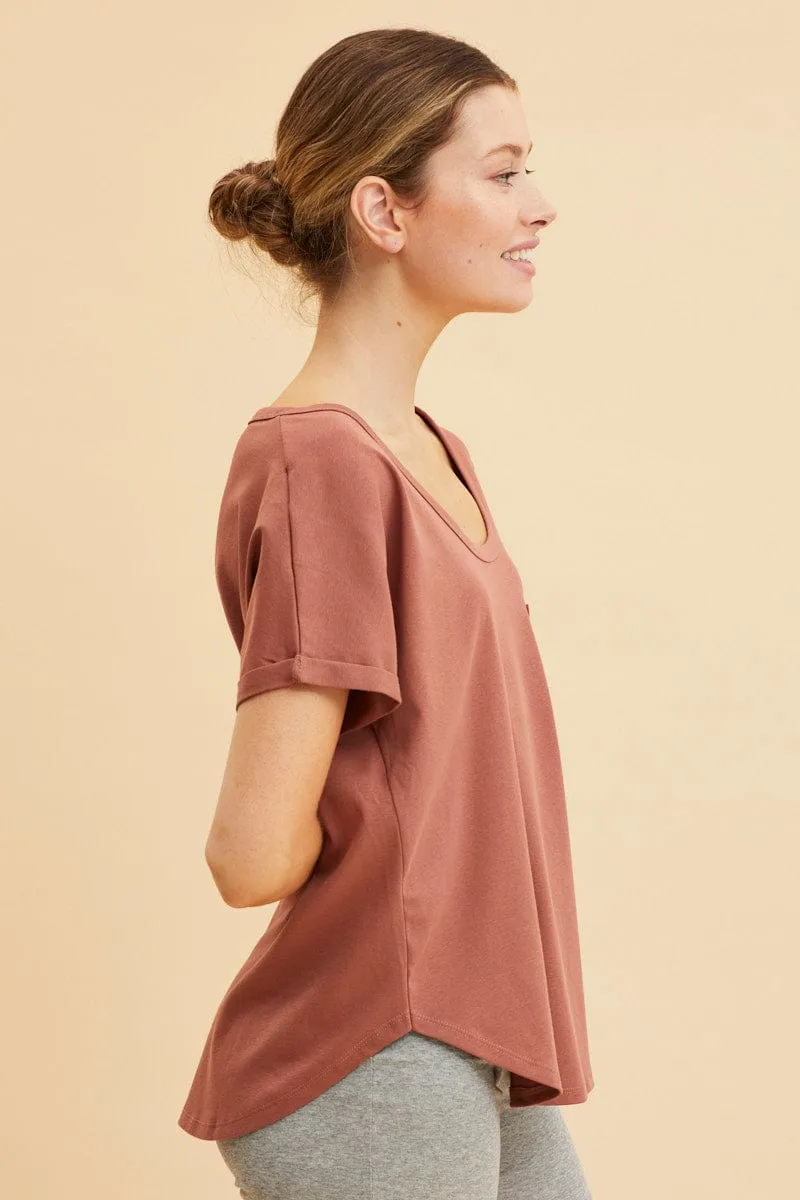 Downtown Cool Winter Style Brown Pocket Tee Scoop Neck Cotton Stretch Short Sleeve