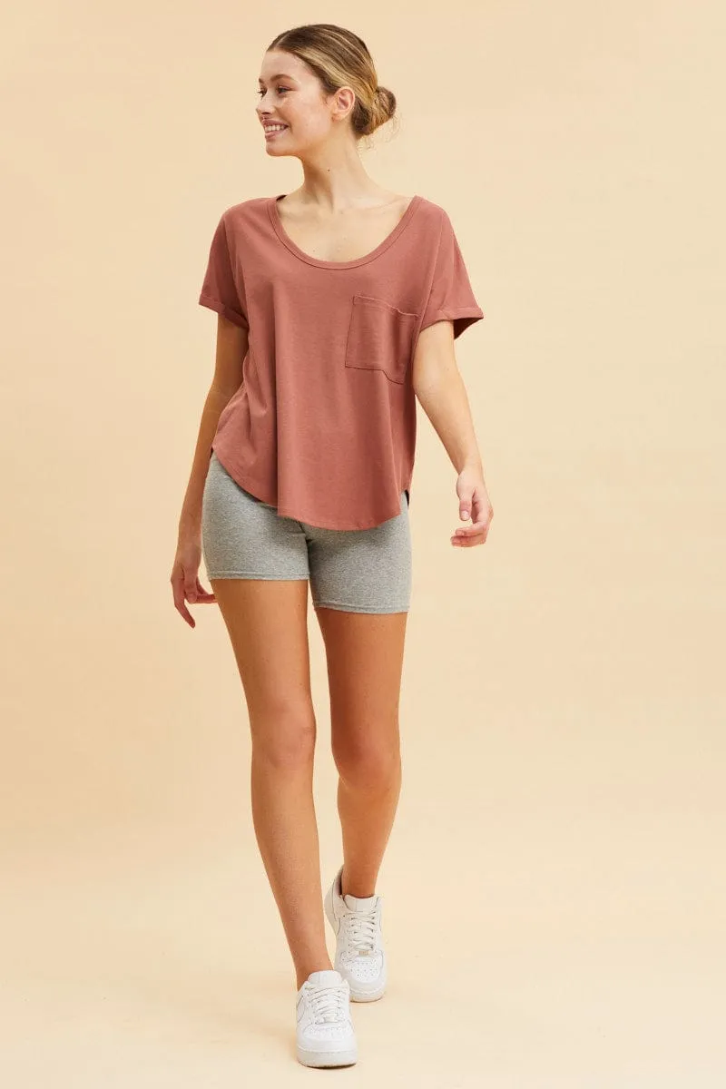 Brown Pocket Tee Scoop Neck Cotton Stretch Short Sleeve Antibacterial Treatment