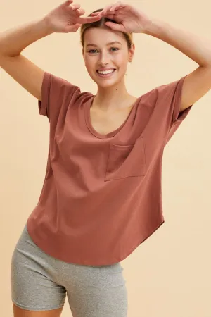 Brown Pocket Tee Scoop Neck Cotton Stretch Short Sleeve DurableReinforcedElbow Daywear Style