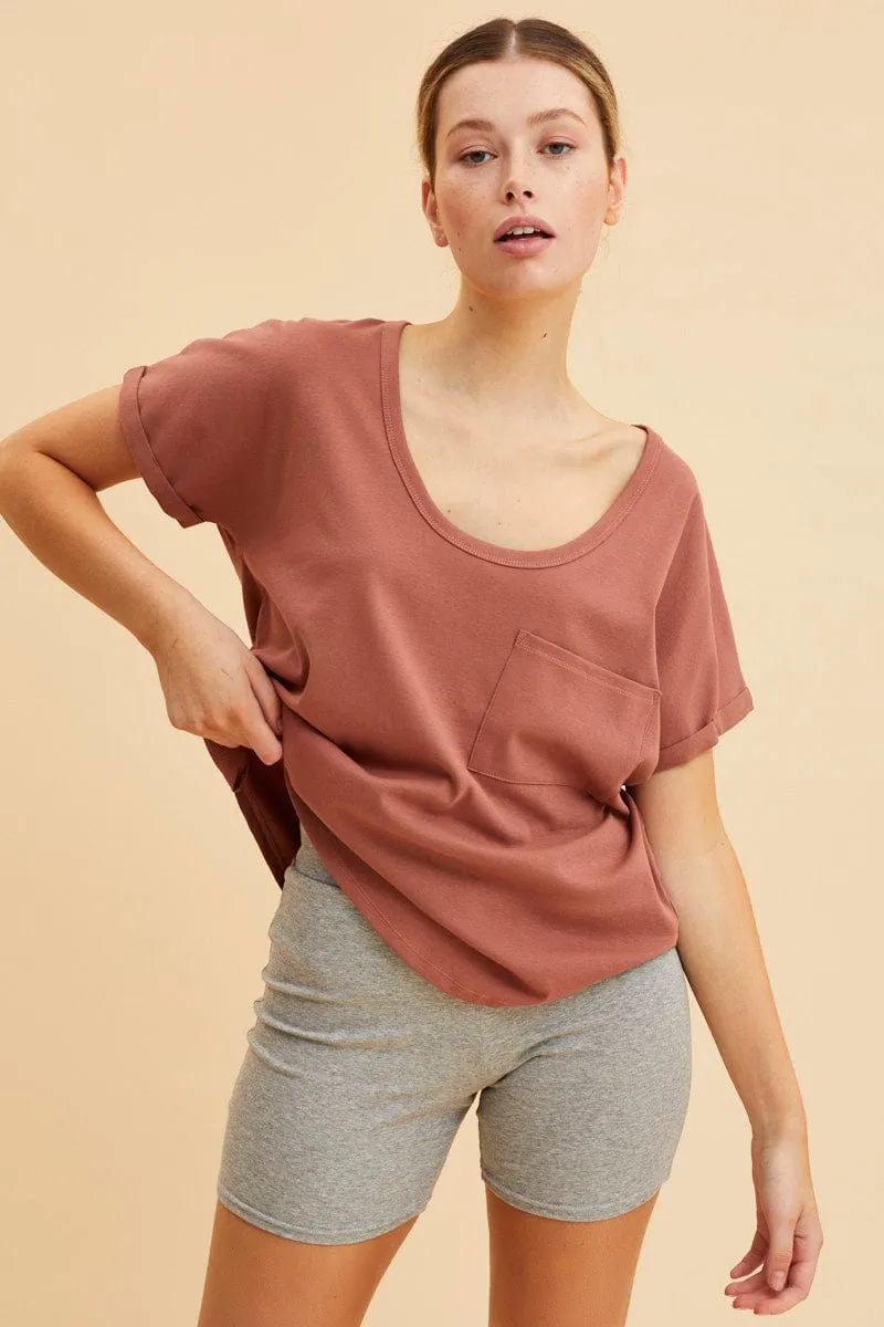 Cozy Sweater Brown Pocket Tee Scoop Neck Cotton Stretch Short Sleeve