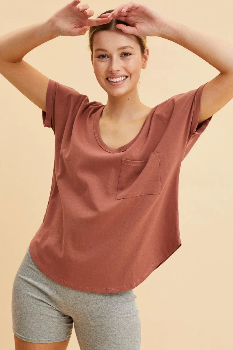 Brown Pocket Tee Scoop Neck Cotton Stretch Short Sleeve DurableReinforcedElbow Daywear Style