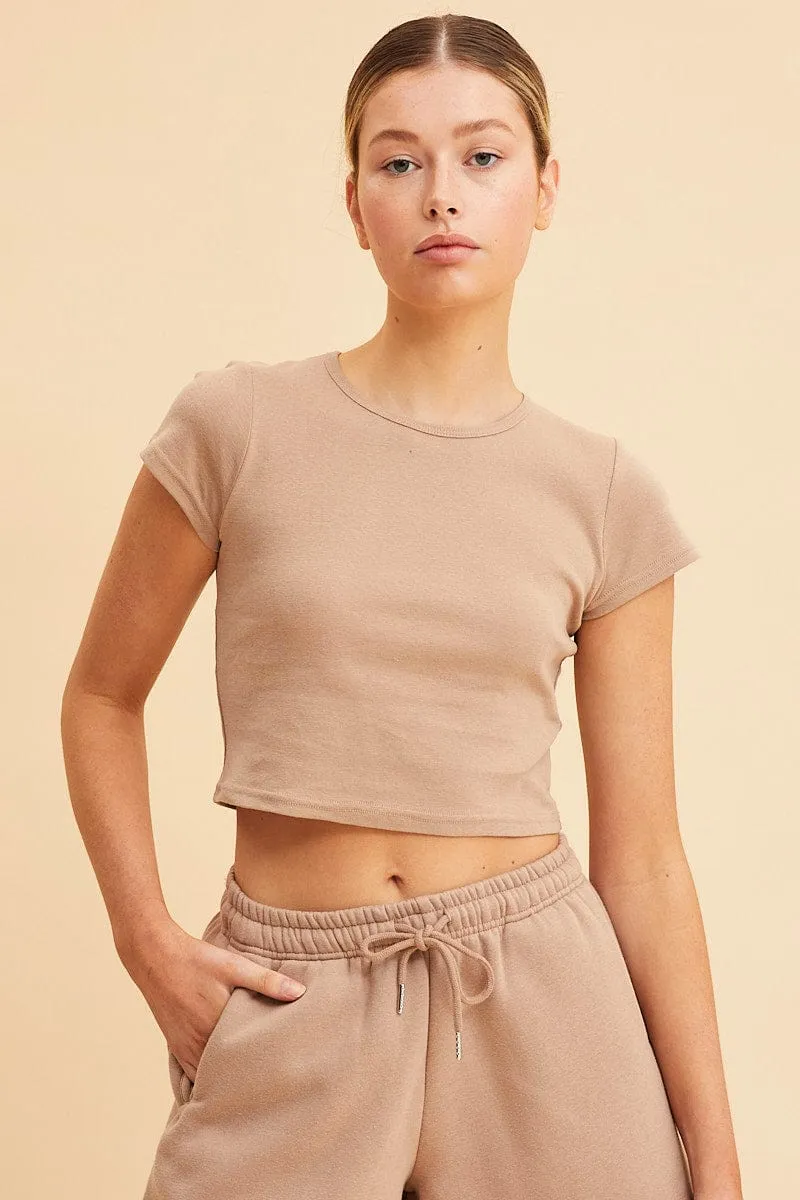 World Edge TearResistantMaterial Beige Baby Tee Crop Crew Neck Short Sleeve Rib