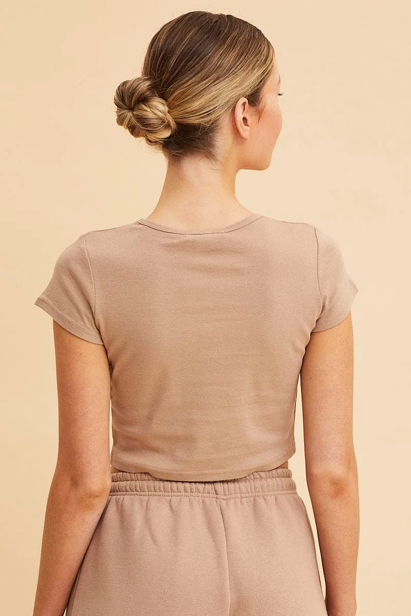 Open Heart Beige Baby Tee Crop Crew Neck Short Sleeve Rib