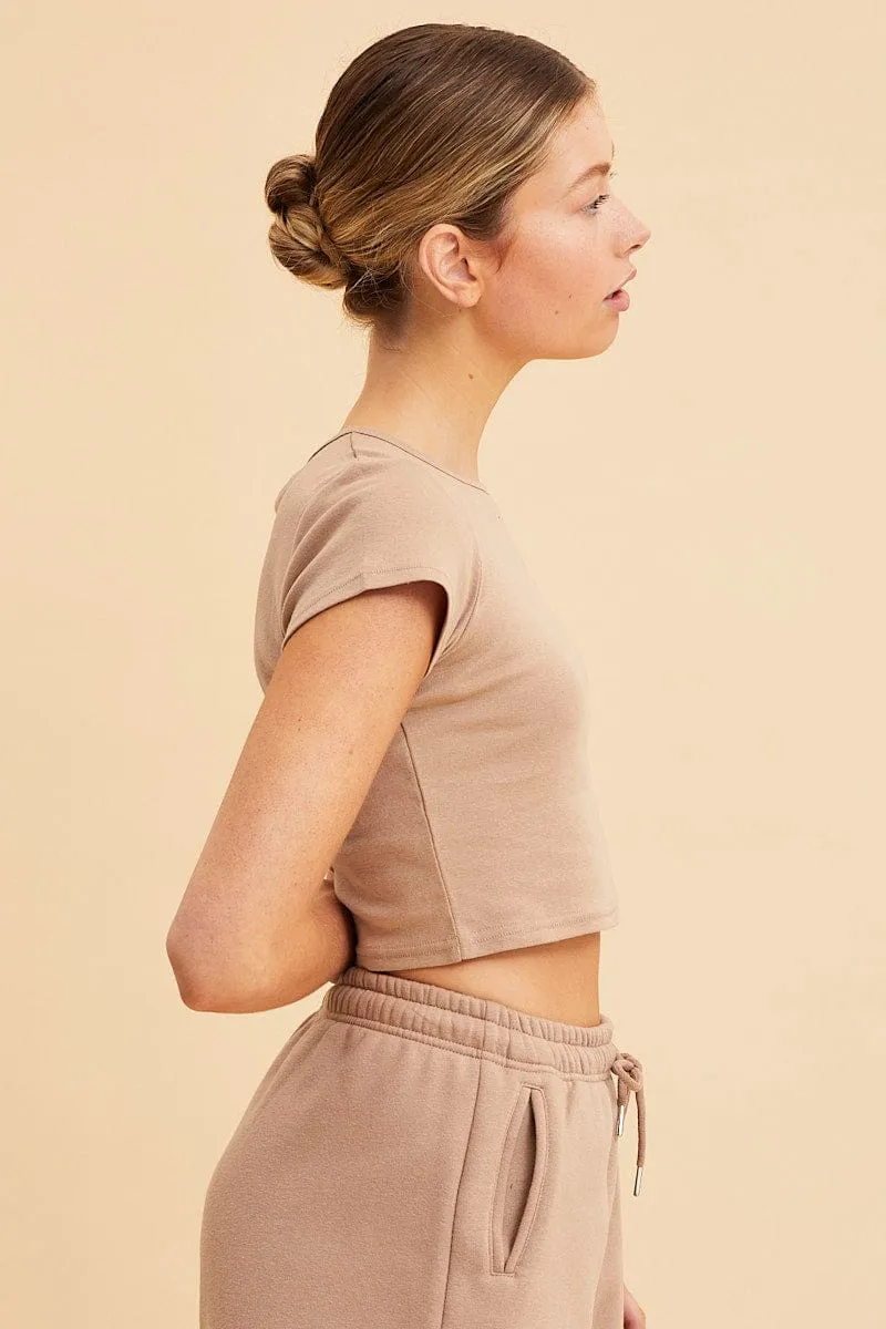 TaglessLabel Beige Baby Tee Crop Crew Neck Short Sleeve Rib