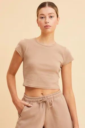 World Edge TearResistantMaterial Beige Baby Tee Crop Crew Neck Short Sleeve Rib