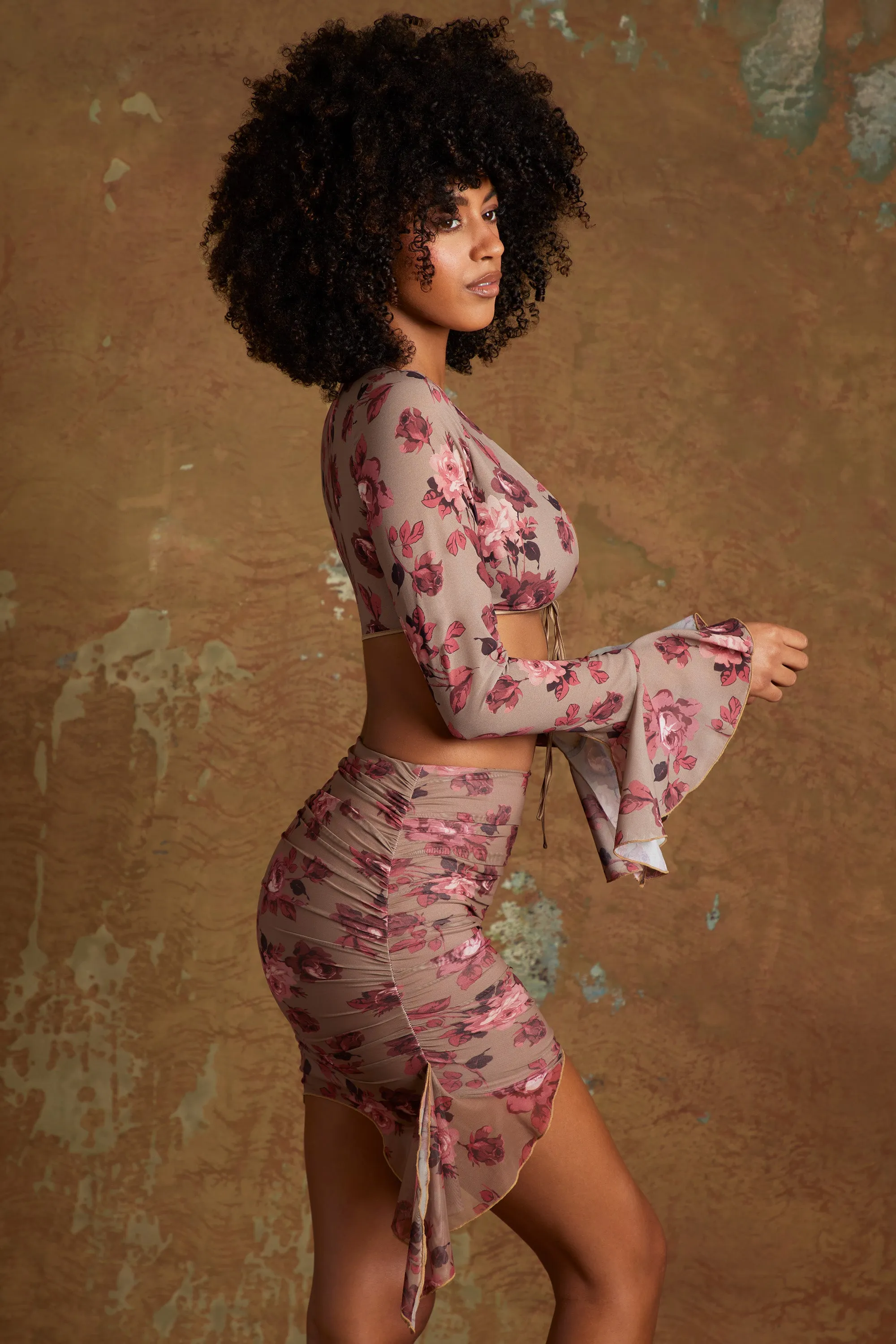 Frill Hem Mini Skirt in Beige Print Smooth Finish