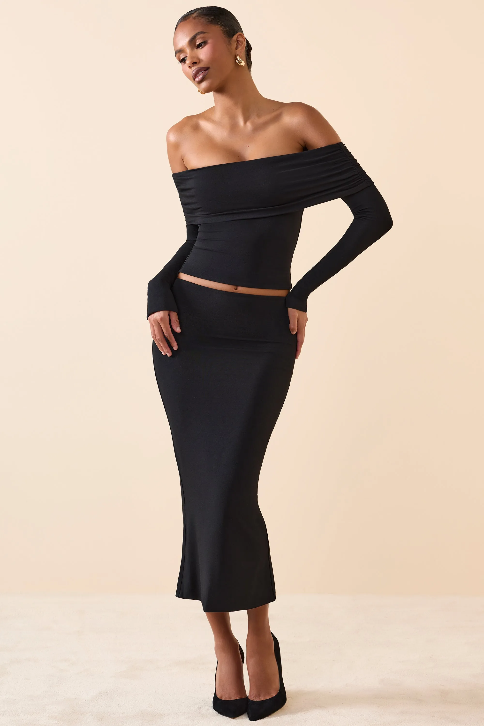 Exclusive Drop Side Slit Modal Mid-Rise Midaxi Skirt in Black