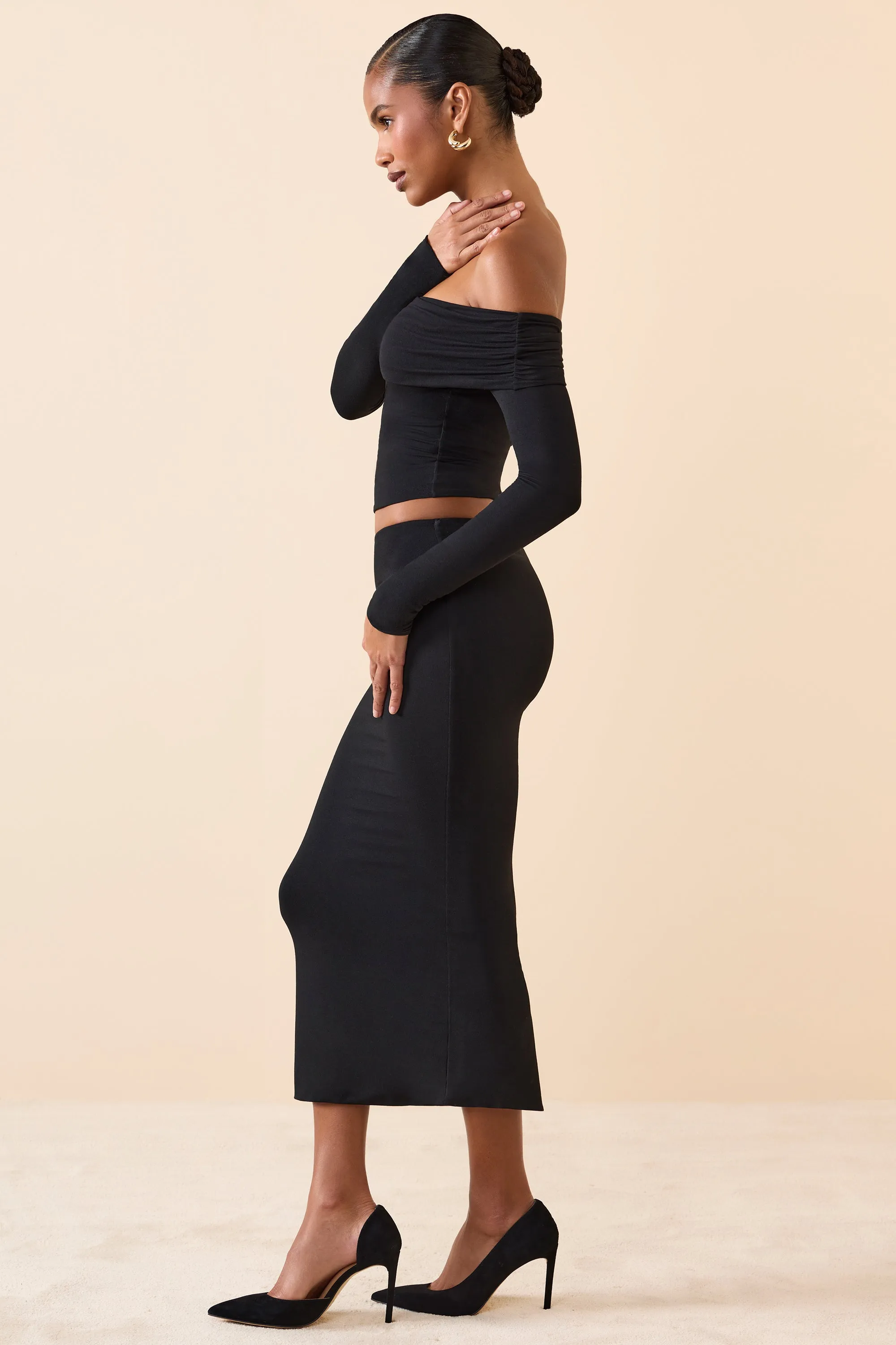 Modal Mid-Rise Midaxi Skirt in Black Floral Pattern