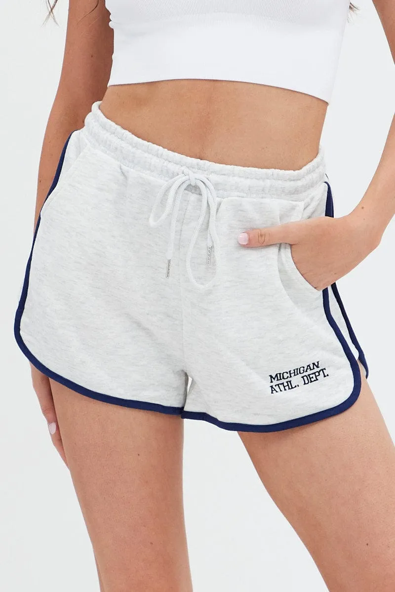 Grey Track Short Elastic Waist Embroidery Details Outdoor Activity Trendy Look