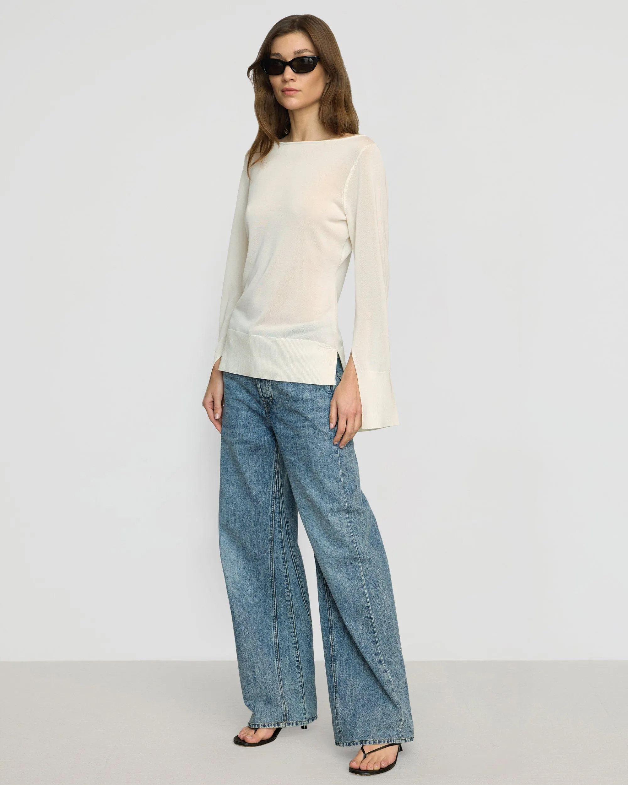 Keegan Semi-Sheer Slit-Neck Knit Top Cozy Warm Layer