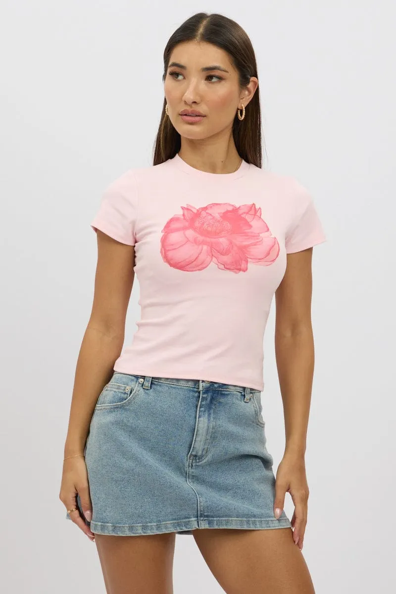 Chilly Weather Style Pink Graphic Tee Short Sleeve