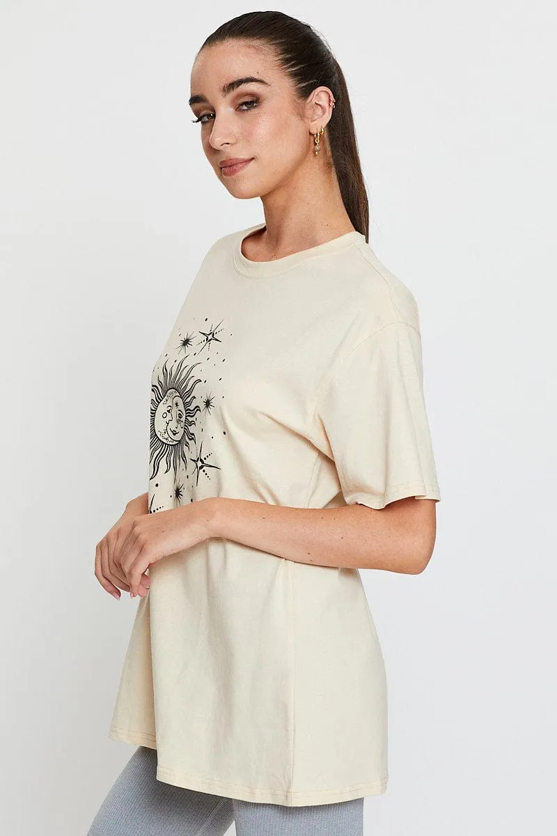 Beige Graphic T-Shirt Short Sleeve Layered Neckline