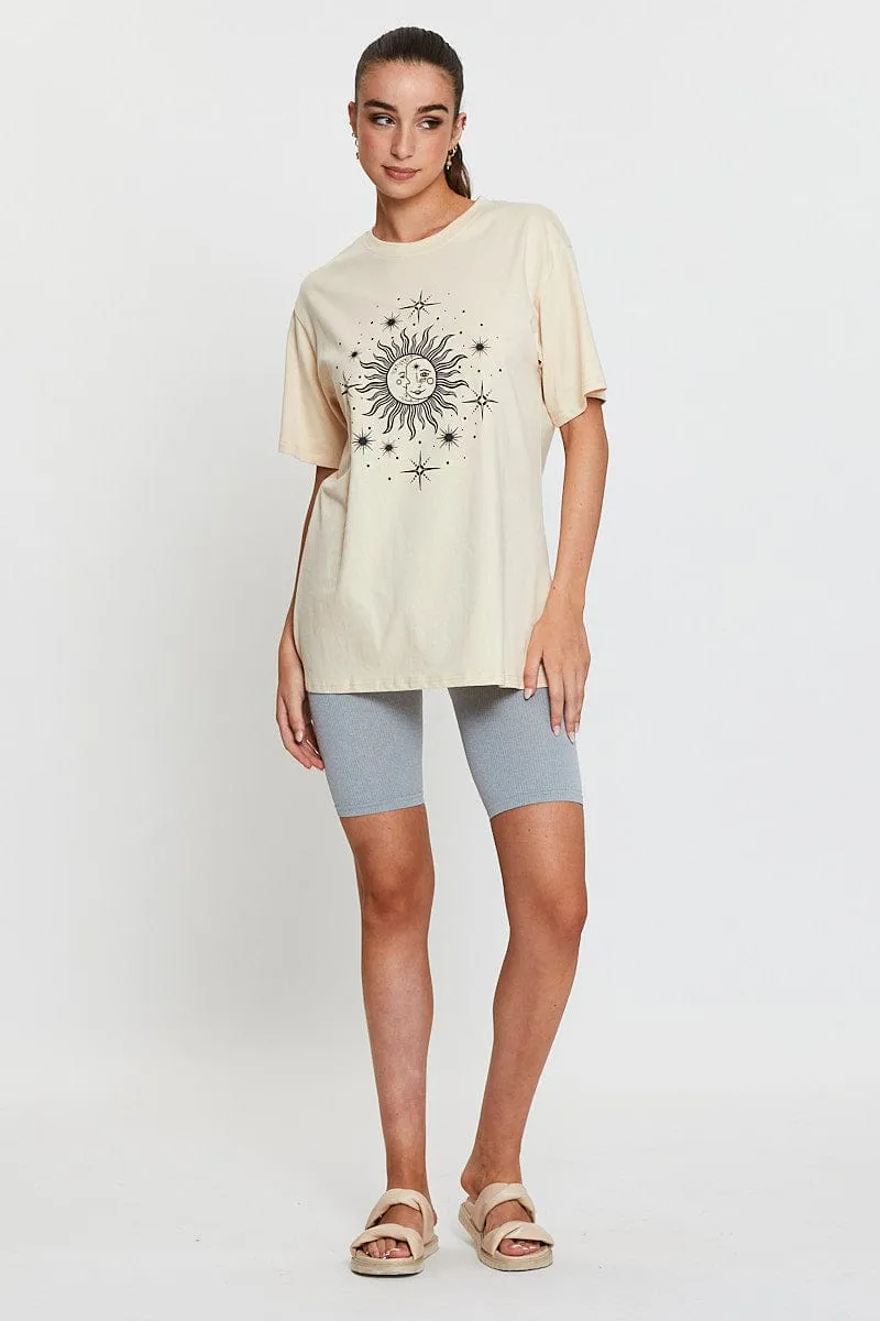 Beige Graphic T-Shirt Short Sleeve Stylish Fit