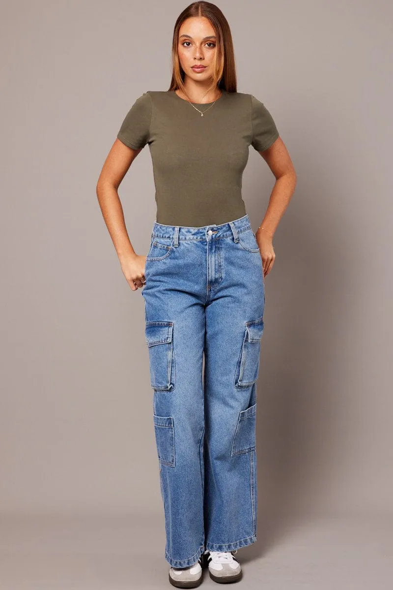 Green T Shirt Short Sleeve Round Neck Longline Lined Fashion Forward