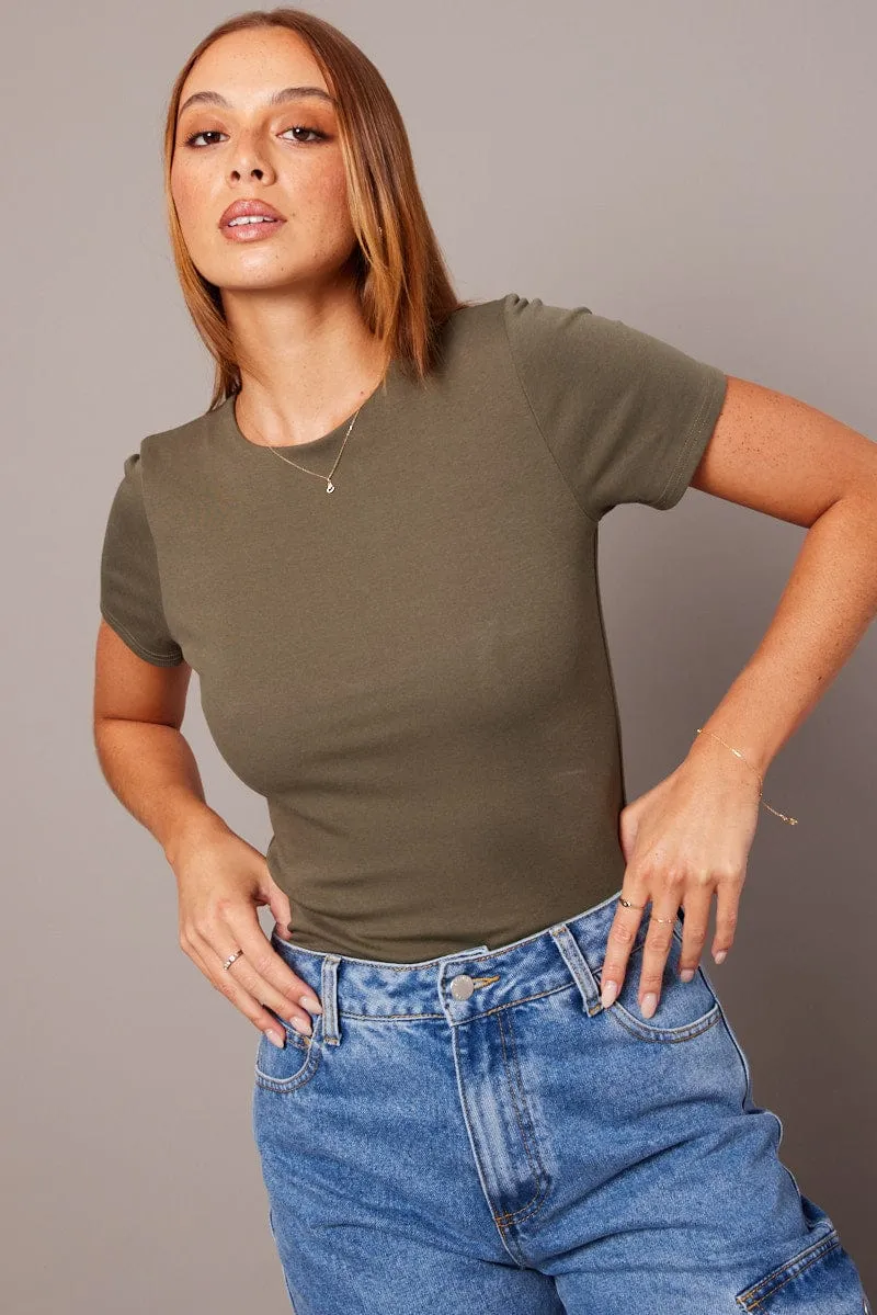 AllSeasonWear ShapeRetentionCloth Green T Shirt Short Sleeve Round Neck Longline Lined