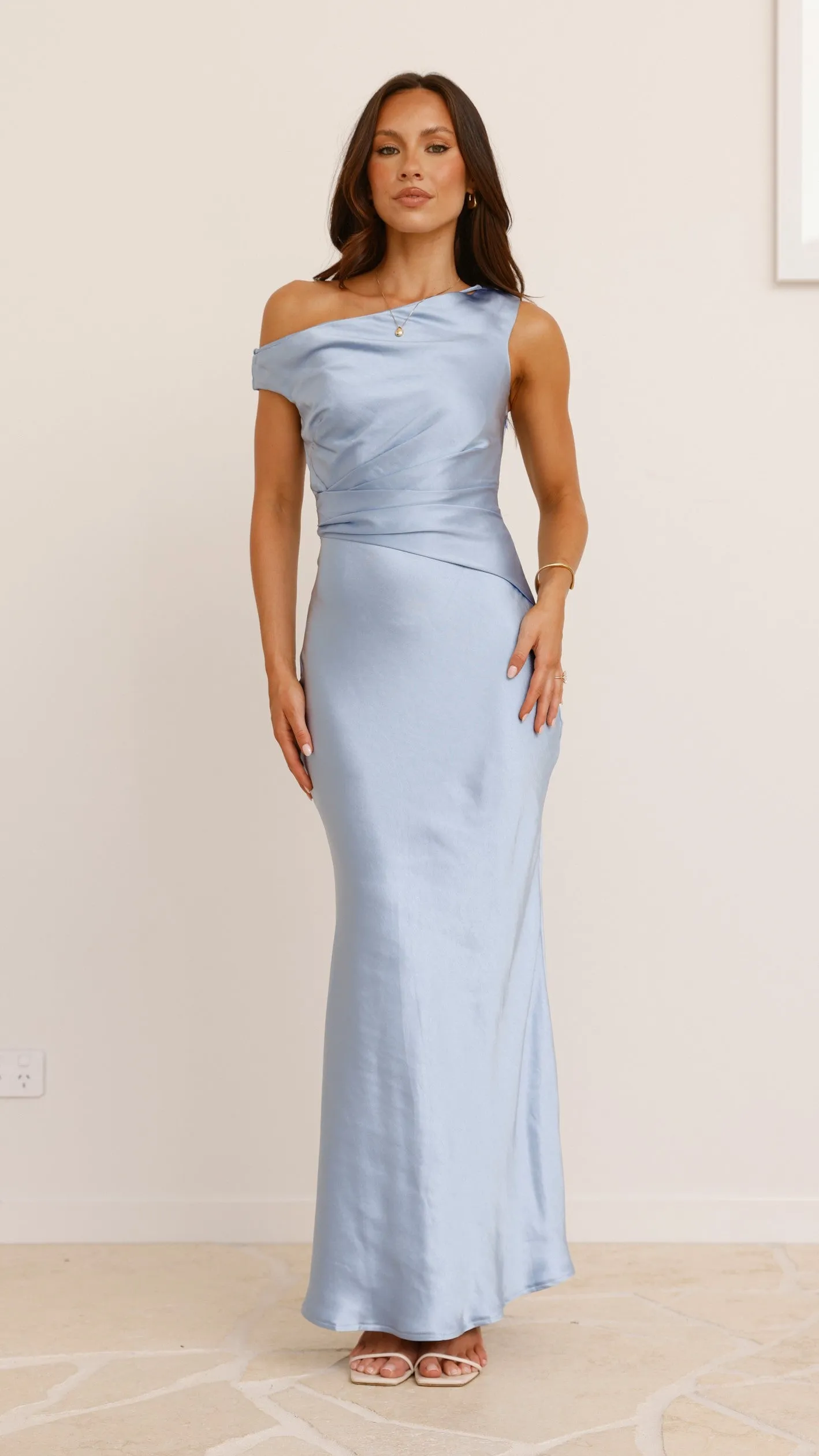 Auria Off Shoulder Maxi Dress - Blue Soft-touch maxi gown Early Light