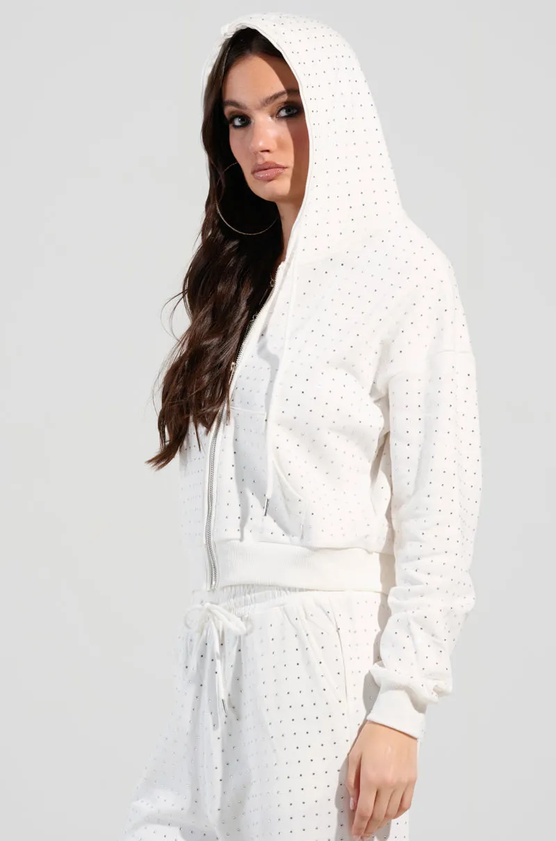 All-Season Wear BUBBLES RHINESTONE EMBELLISHED ZIP UP SWEATSHIRT IN WHITE