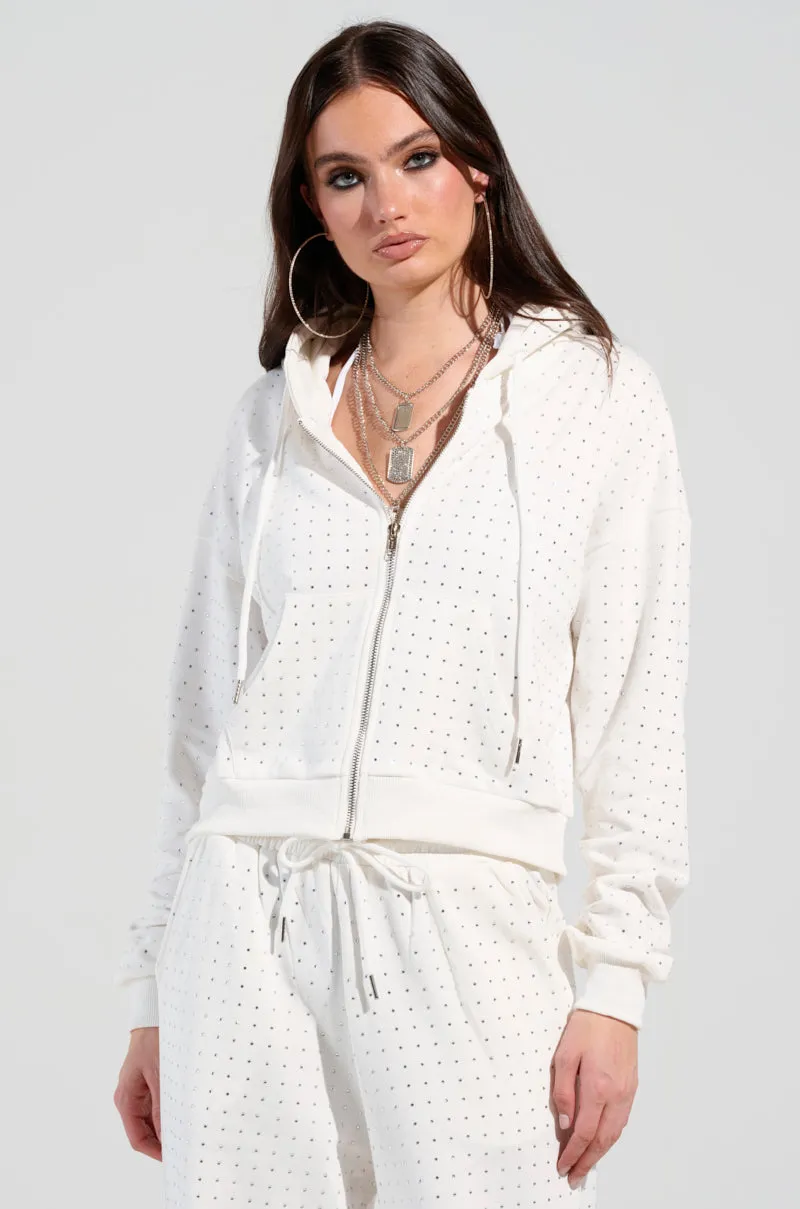 Durable Build BUBBLES RHINESTONE EMBELLISHED ZIP UP SWEATSHIRT IN WHITE
