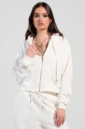 BUBBLES RHINESTONE EMBELLISHED ZIP UP SWEATSHIRT IN WHITE Silk Active Comfort