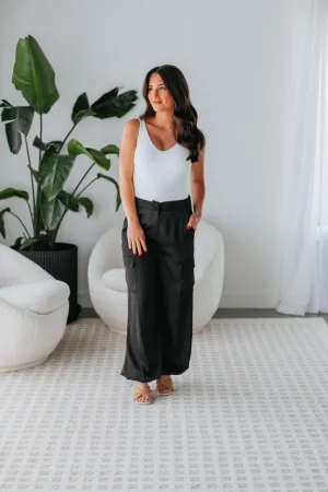 Stylish Fit Adara Satin Cargo Pants - Black