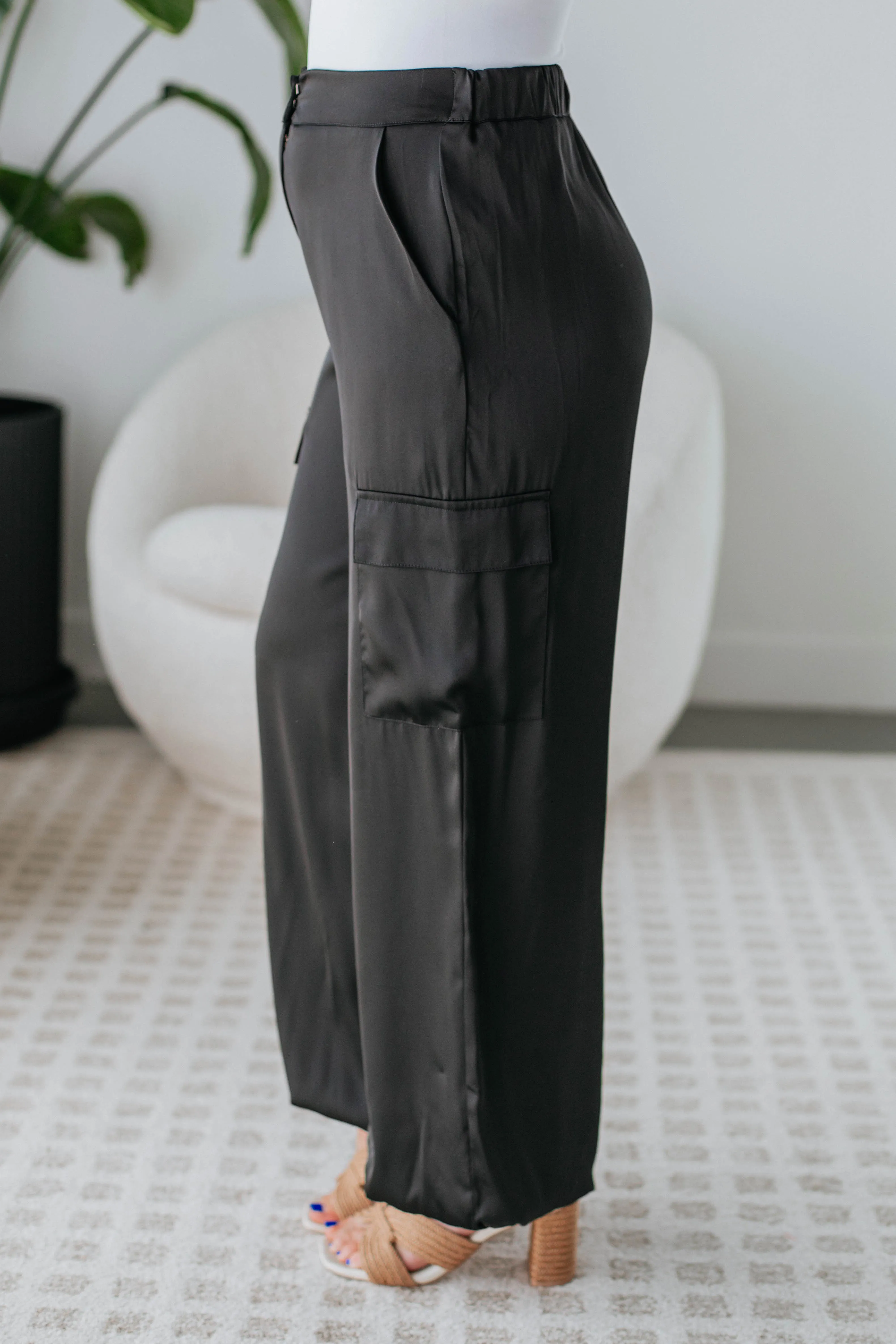 Cozy and Relaxed Adara Satin Cargo Pants - Black