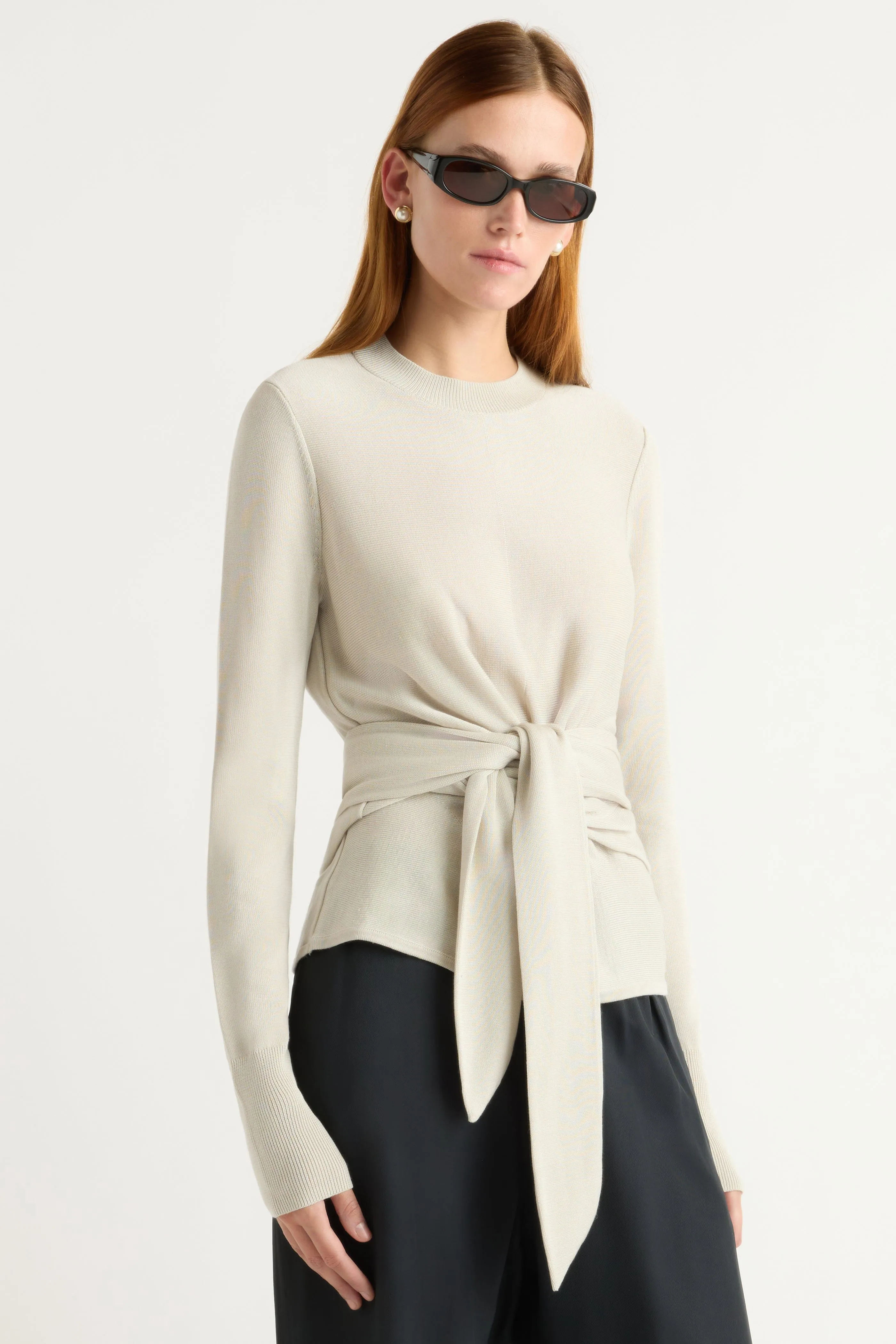 Warm And Comfortable High Density Weave Robin Tie-Front Tencel-Wool Sweater