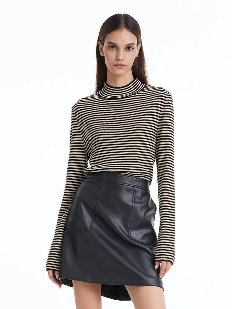 Winter Wearable Cozy Fleece Woolen Stripe Mock Neck Women Sweater