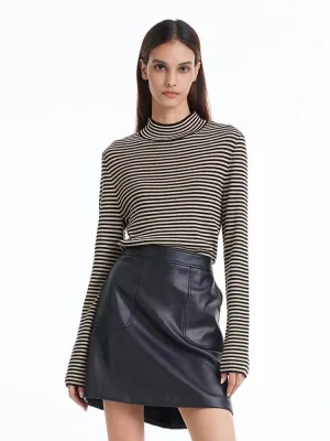 Winter Wearable Cozy Fleece Woolen Stripe Mock Neck Women Sweater
