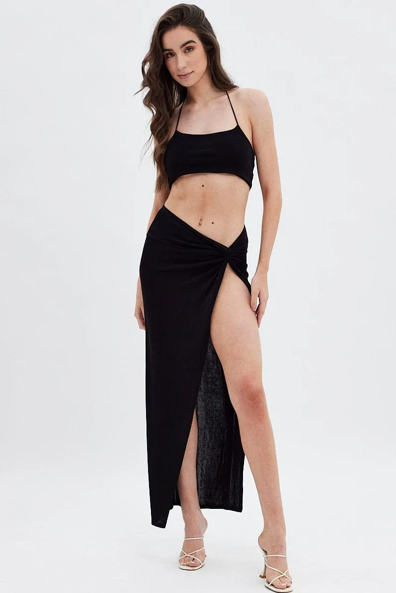 Village Charm Aerated Seam Placement Black Halter Top