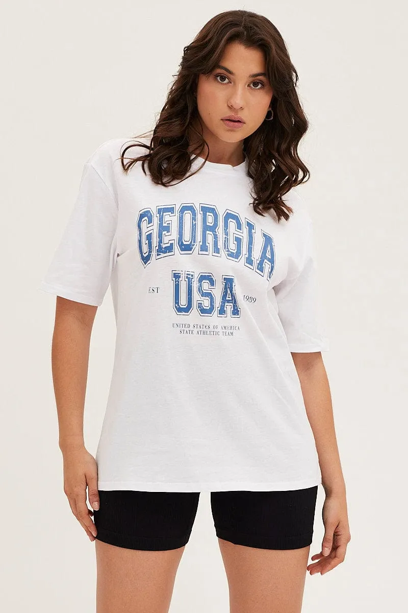White Short Sleeve Graphic Tee Cotton Jersey Breathable mesh panel