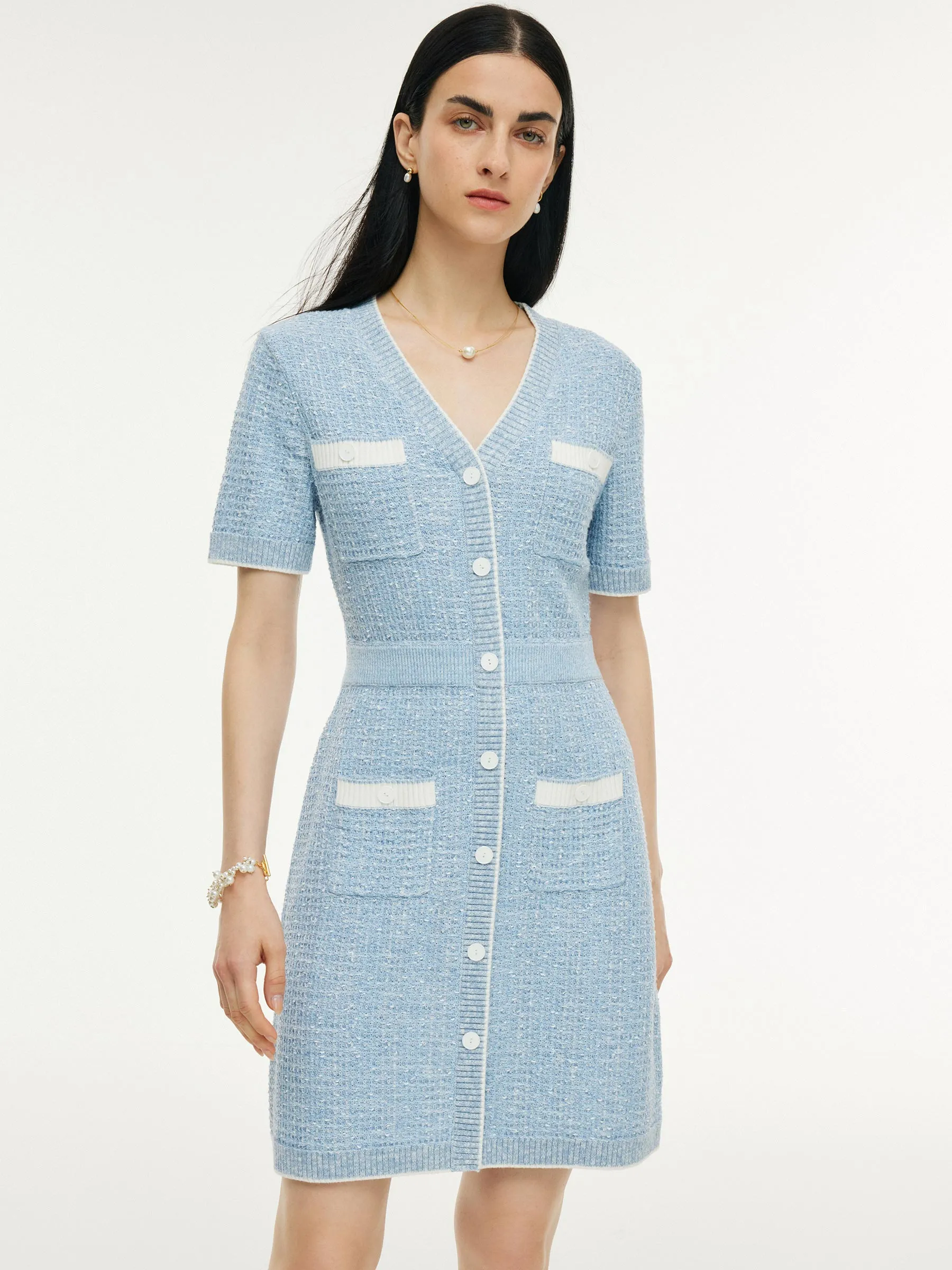 Scene Flash V-Neck Gathered Waist Women Knit Mini Dress