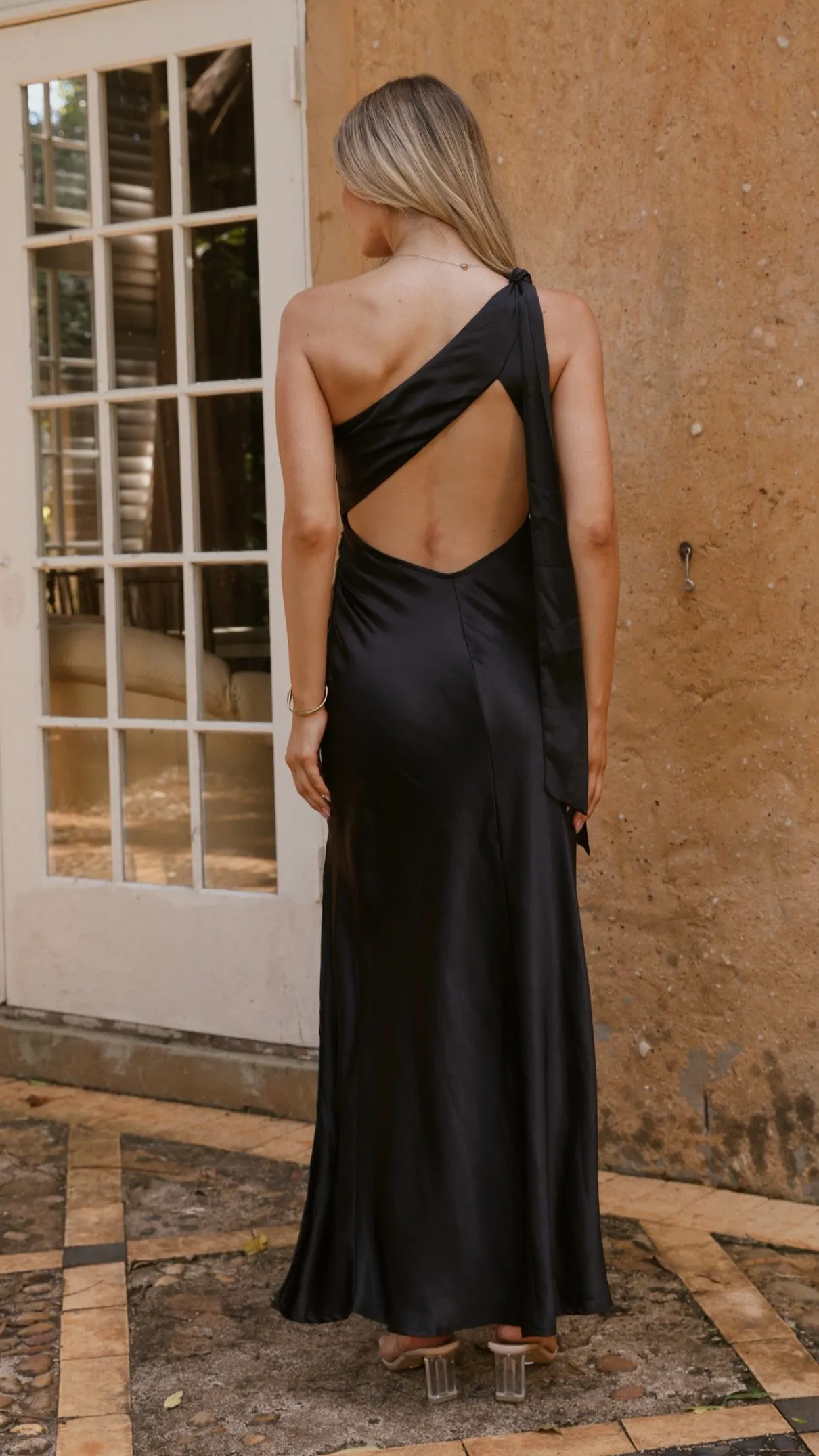 Noon Glow Cream Tone Halle One Shoulder Maxi Dress - Black