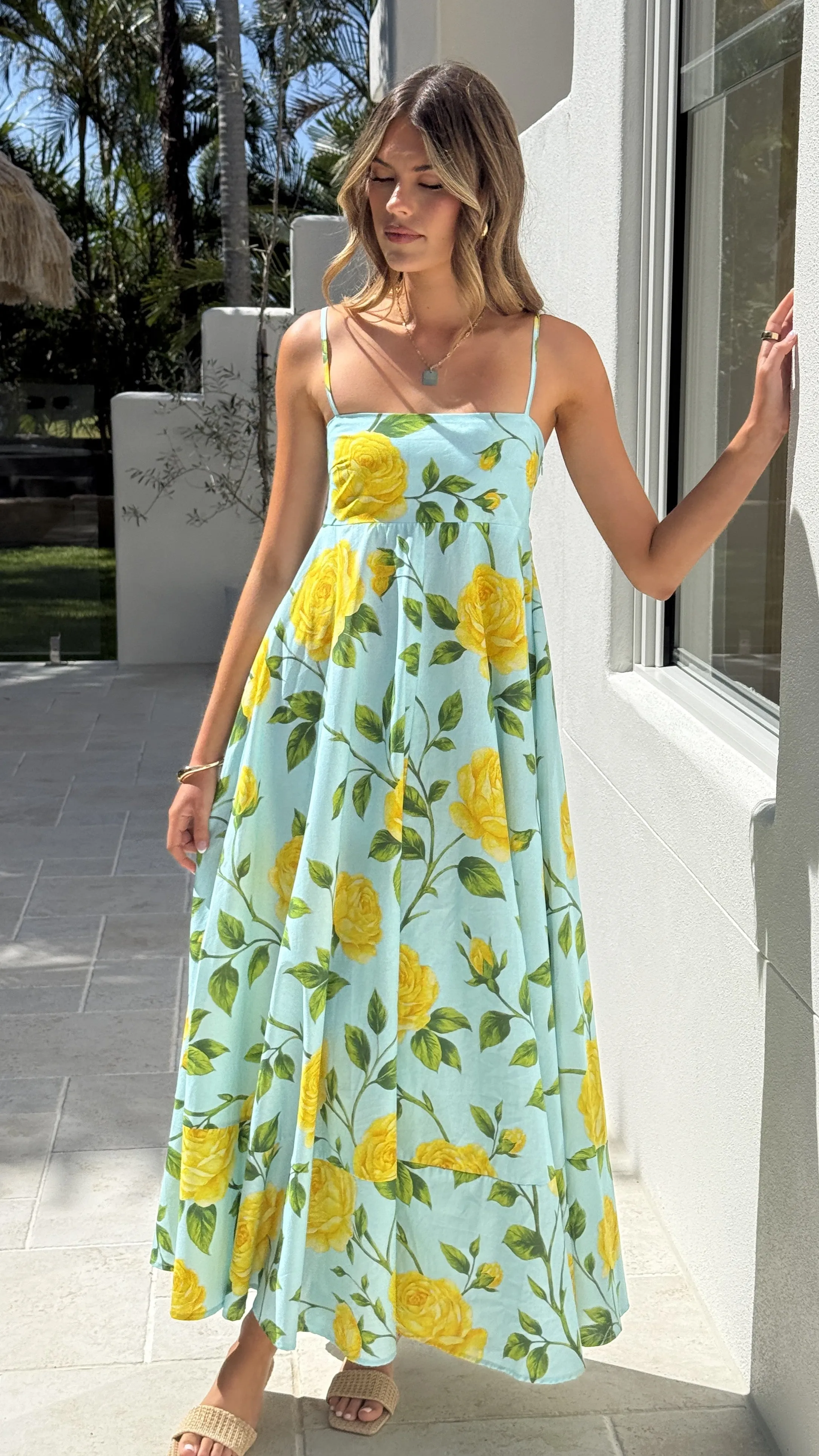 Kaethe Maxi Dress - Lemon/Aqua Floral Tulle Glow